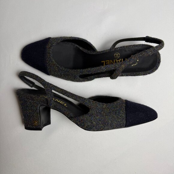Chanel | Size 38.5, US 8.5 | Grey & Navy Tweed Slingback Pumps | ($1,125) - Picture 5 of 8